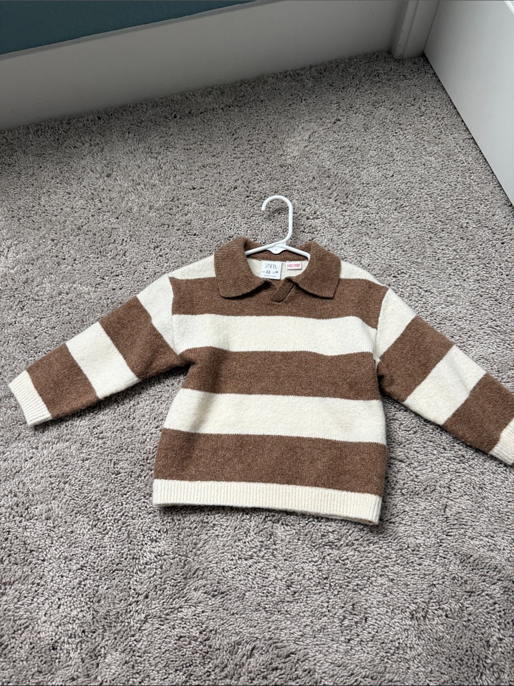 Zara Brown and Cream Striped Polo Collar Sweater